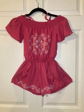 Bebe Girl's Hot Pink Romper With White Floral Embroidery - Size S (7-8)